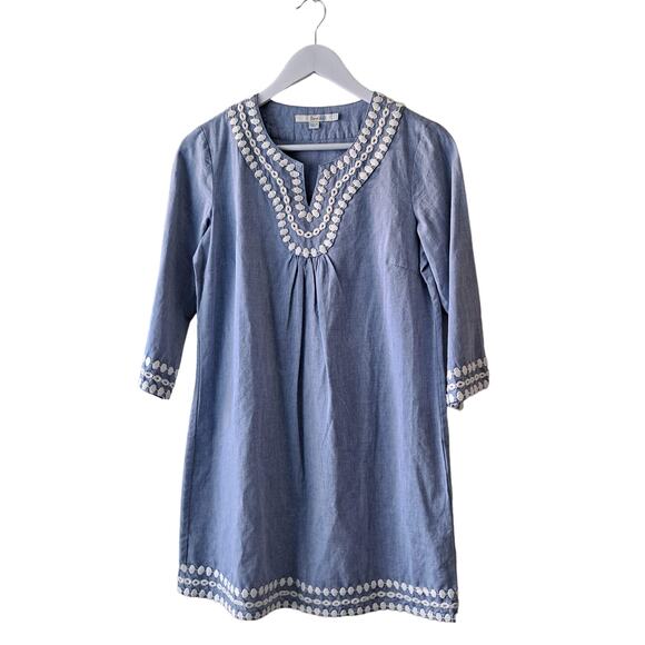 Boden Blue Chambray 3/4 Sleeve Slit Neck Dress w Sleeve & Hem Embroidery - US 6P - Picture 1 of 10